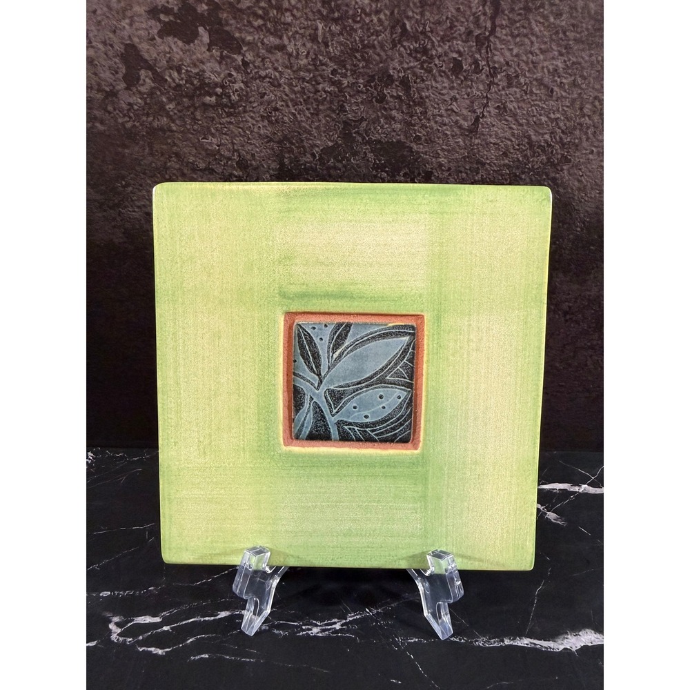 Vintage TS Post Pottery Green Leaf Ceramic Tile Trivet Cork Backed 6in Signed